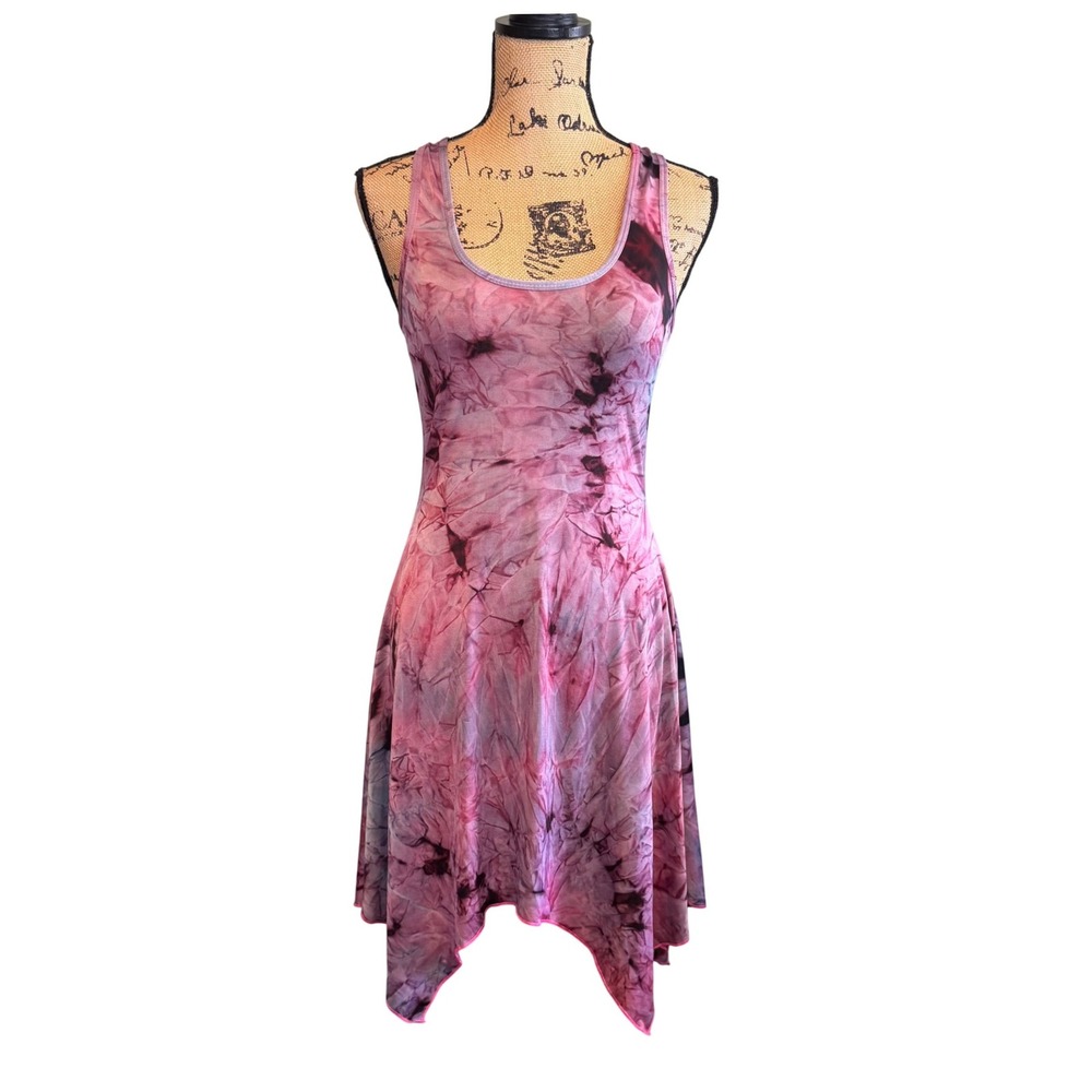 Cristinalove Womens Tie Dye Sharkbite Hem Sleeveless Fit Flare Dress Pink Small